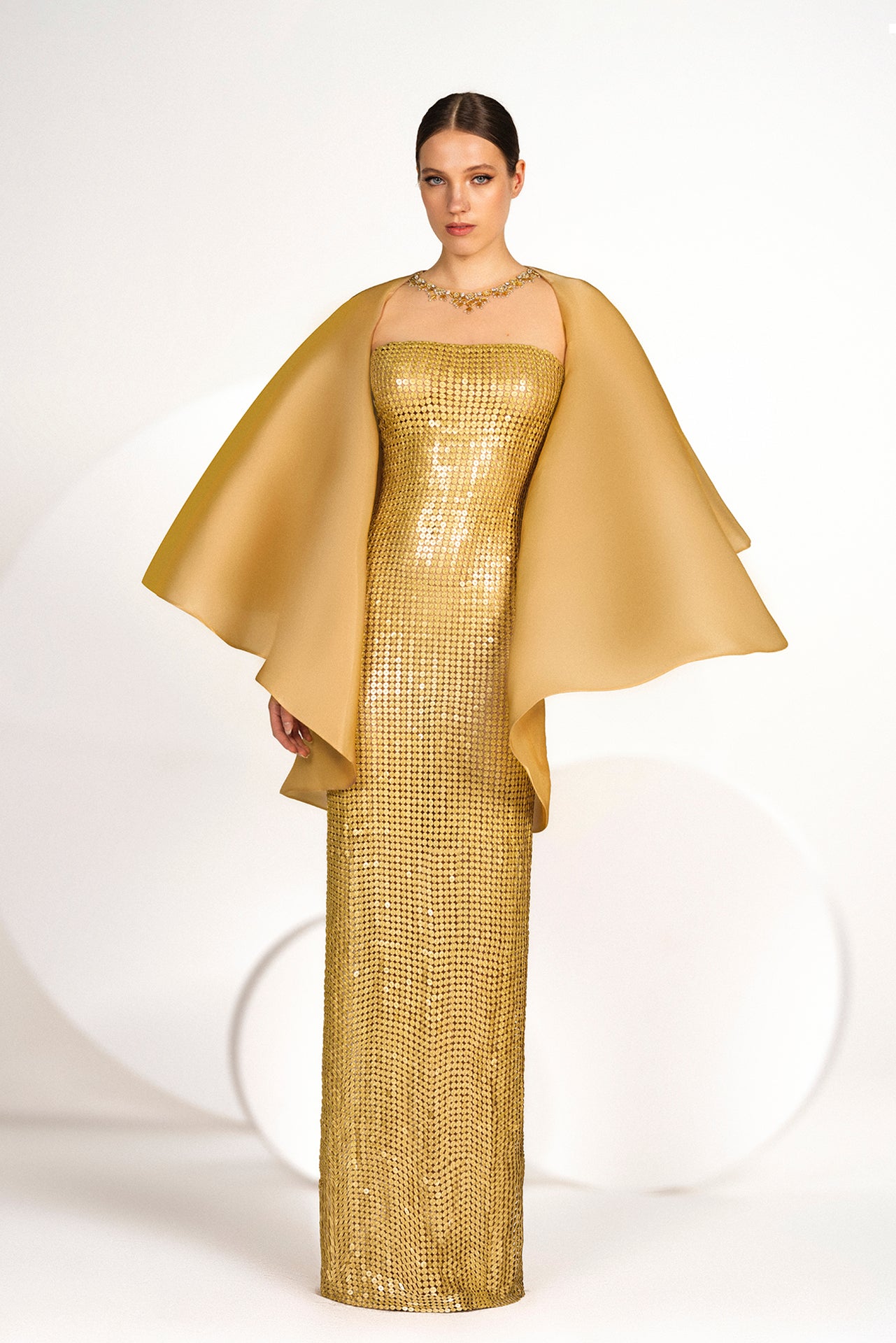 Gold Beige Hand Embroidered Dress with Hooded Tulle Cape Beaded with S –  Gattinolli by Marwan