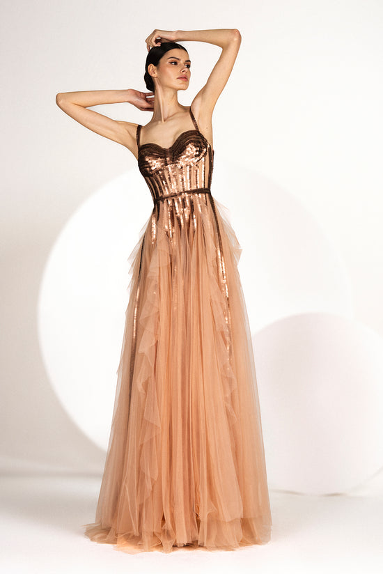 Sequined Flared Dress with Sweetheart Neckline Gattinolli by Marwan Sequined Flared Dress with Sweetheart Neckline Gattinolli by Marwan