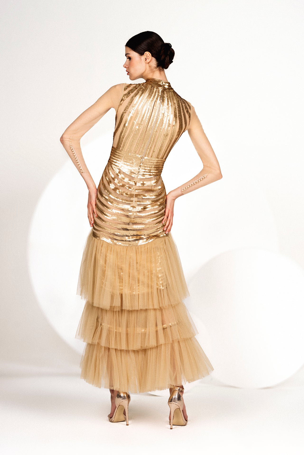 Gold Beige Hand Embroidered Dress with Hooded Tulle Cape Beaded with S –  Gattinolli by Marwan