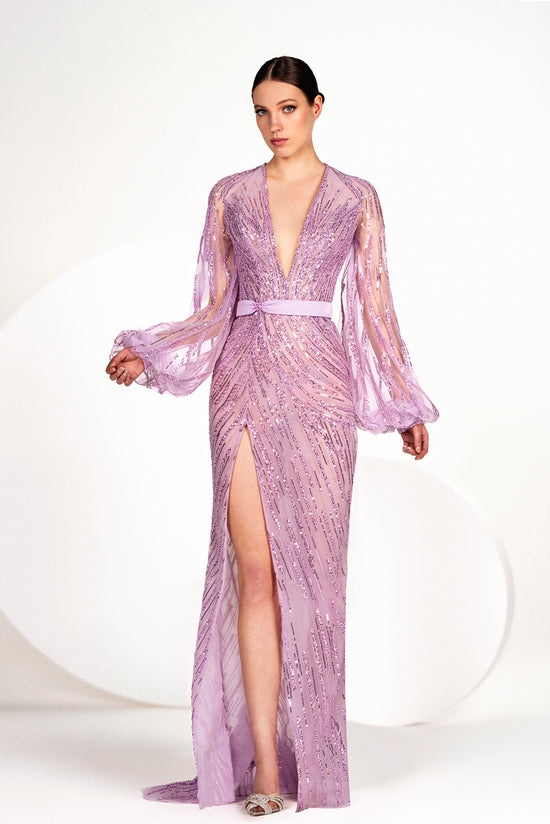 Plunging V Neckline Dress with Lantern Sleeves, Gattinolli by Marwan Plunging V Neckline Dress with Lantern Sleeves, Gattinolli by Marwan