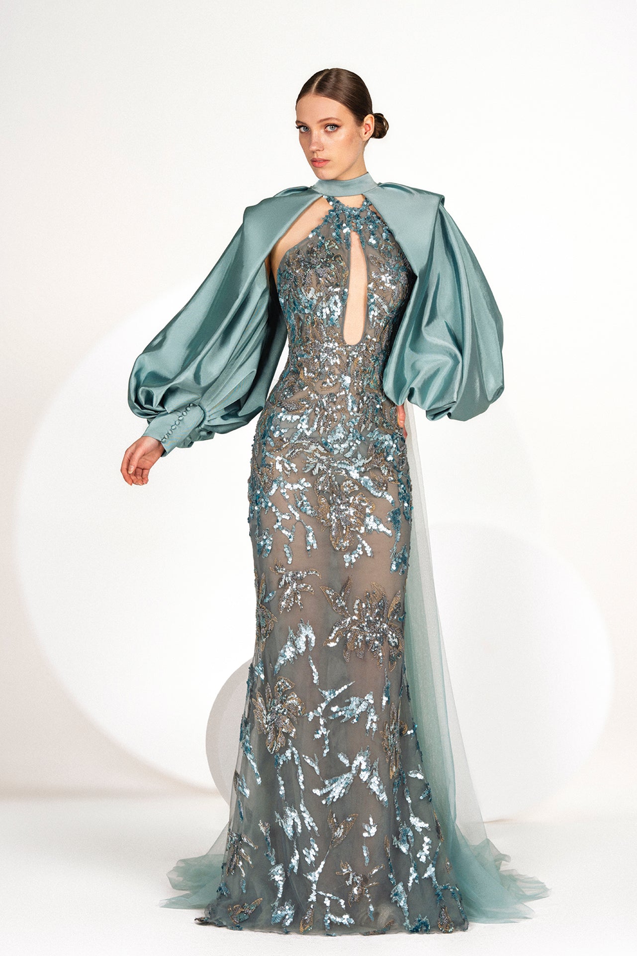 Dusty Blue Tulle Embroidered Evening Dress with Keyhole Neckline and  Taffetas Bolero with Puffy Sleeves & Cuffs, and Watteau Tulle Sweep Length