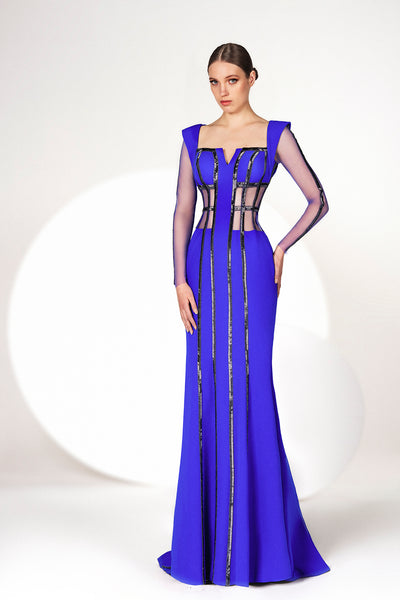 Royal-Blue Plunging Satiny Evening Dress Plunging Embroidered Corset, –  Gattinolli by Marwan