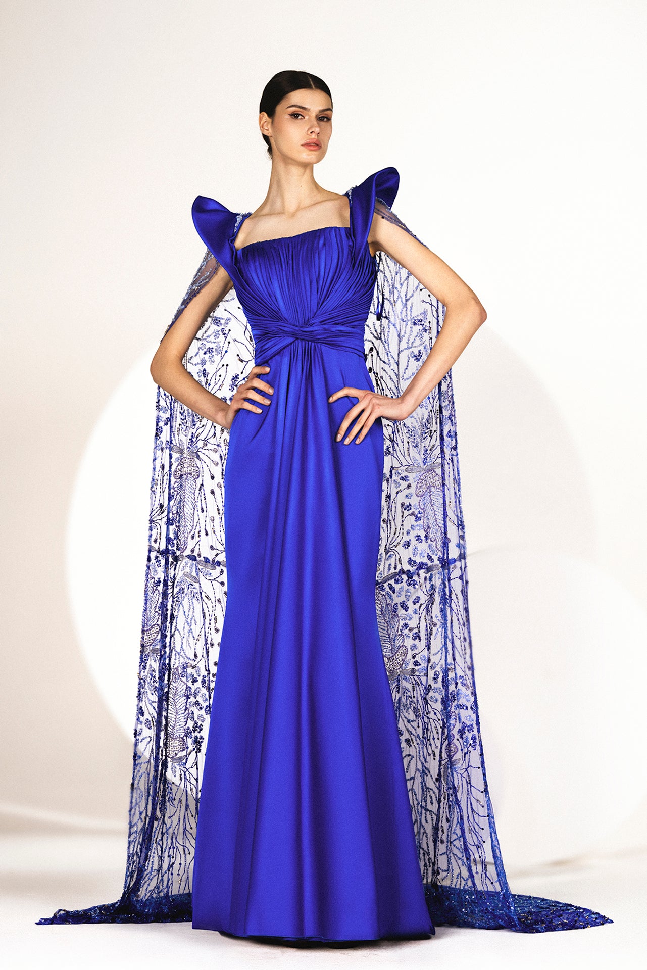 Royal-Blue Plunging Satiny Evening Dress Plunging Embroidered