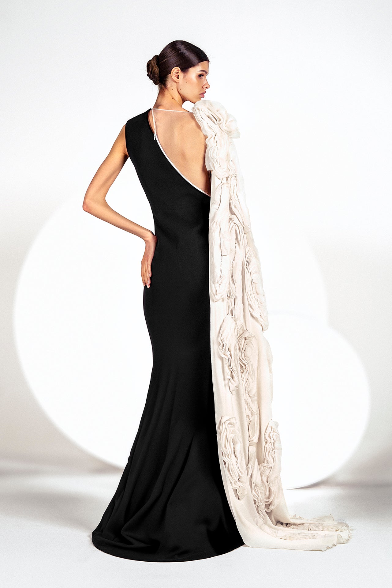 Mermaid Dress with Crystal Motifs and Cape Sleeve Gattinolli by Marwan Mermaid Dress with Crystal Motifs and Cape Sleeve Gattinolli by Marwan