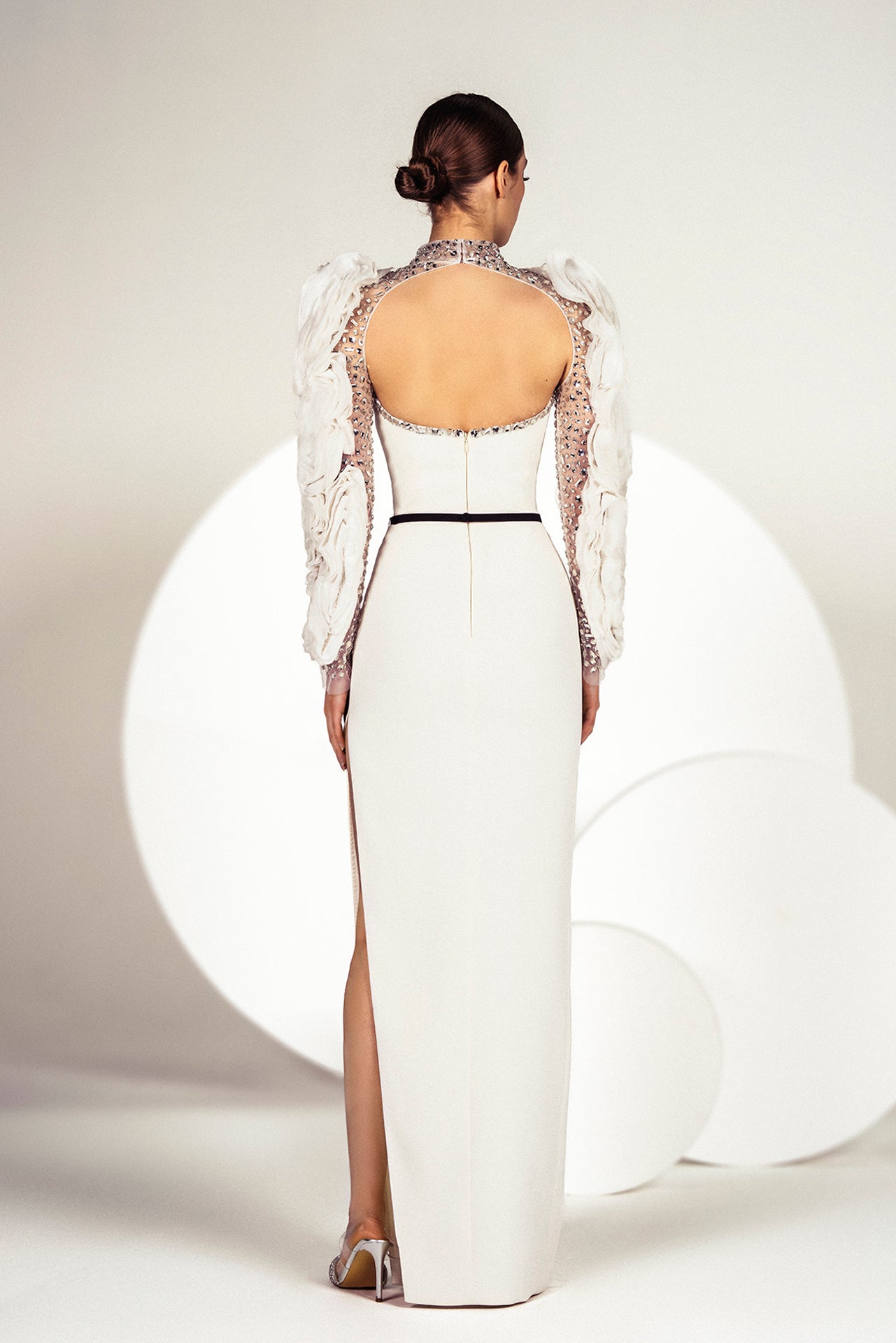 White Crepe Dress Embroidered Crystals Marwan Gattinolli with Swarovski Black by Sweetheart –