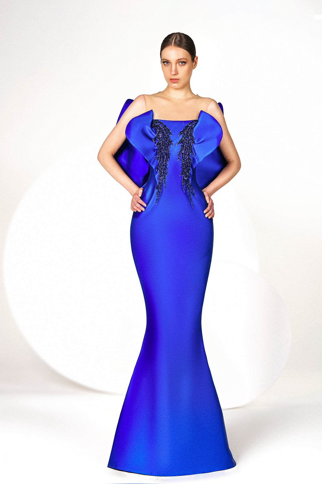 Royal Blue Cady Evening Dress with Symmetrical Ruffles in a