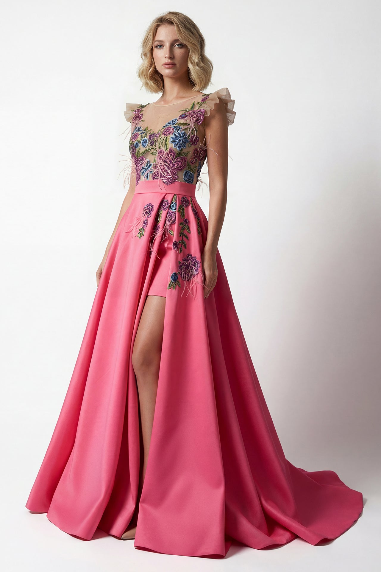 Embroidered Tulle Bodice with Structured Satin Skirt
