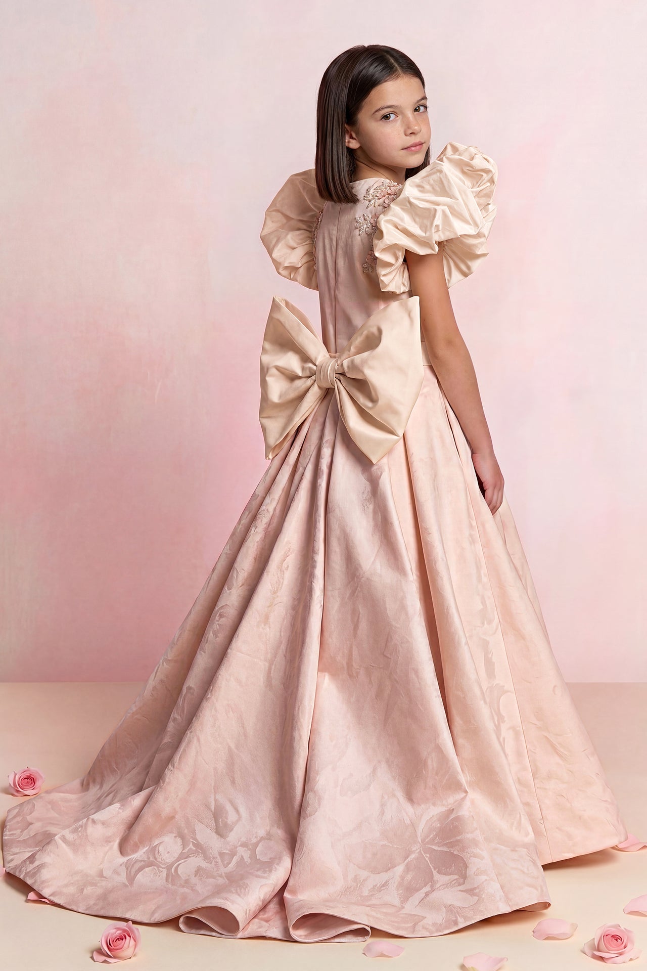Floral Jacquard Ruffle Gown