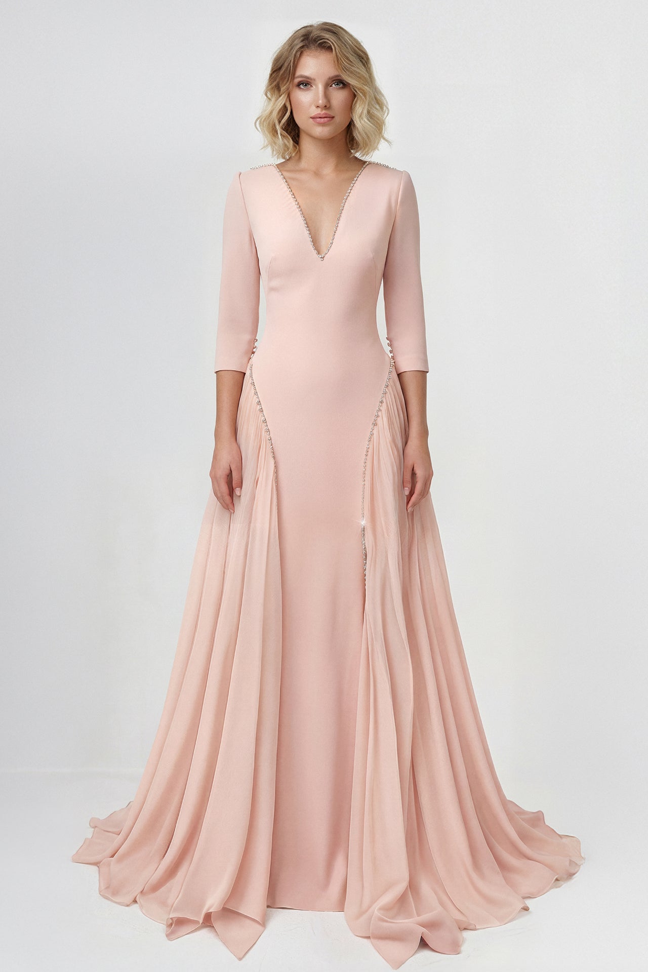 Deep V Column Gown with Draped Side Panels