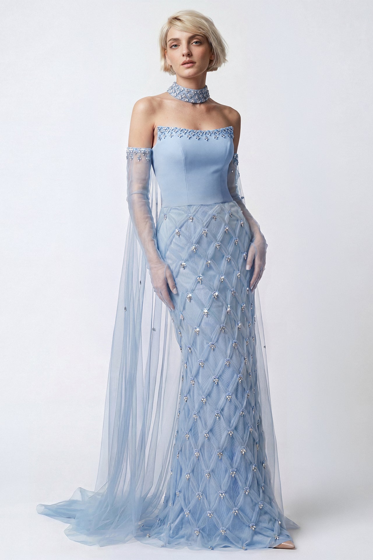 Geometric Swarovski Embroidered Column Gown