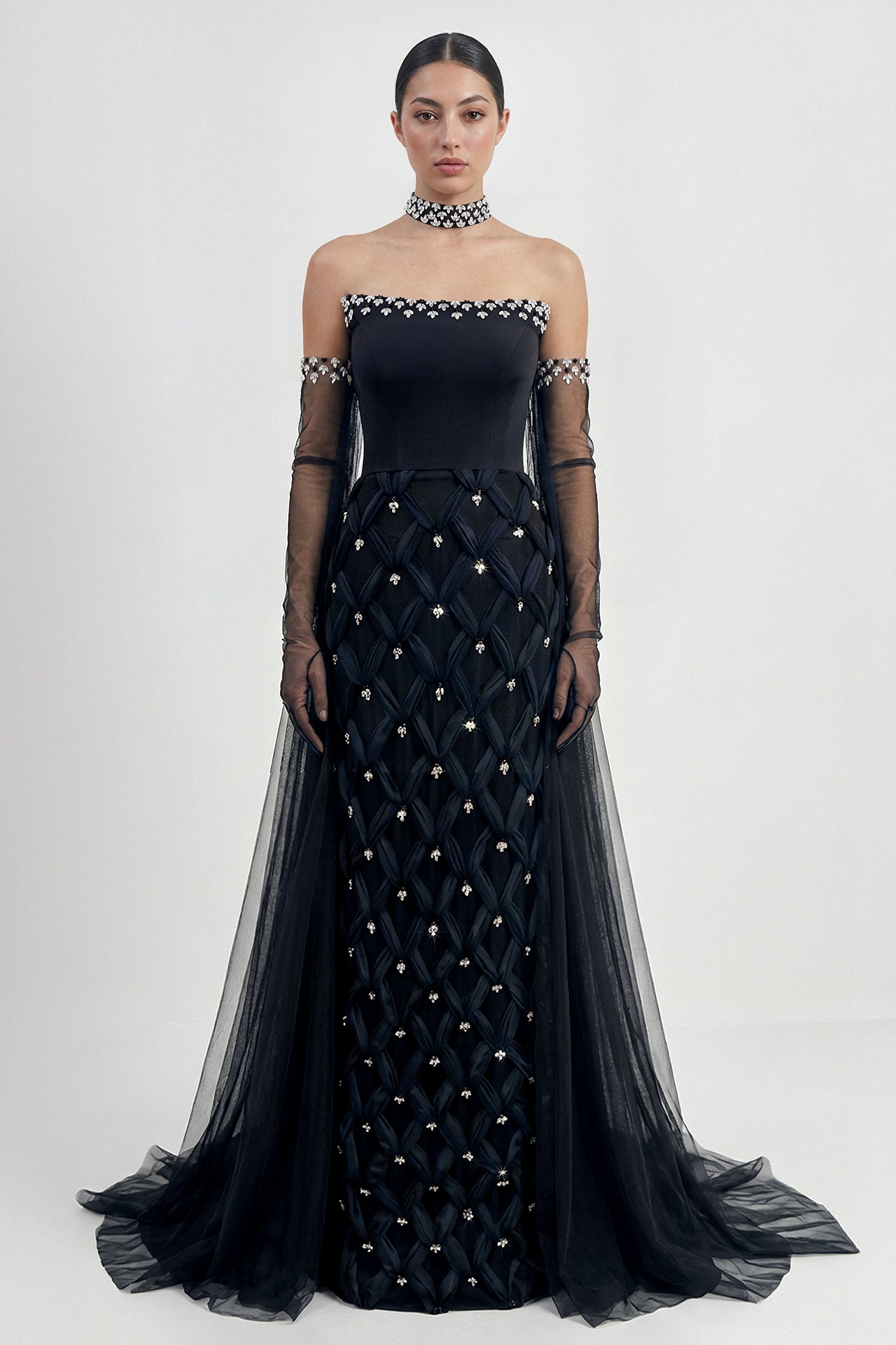 Geometric Swarovski Embroidered Column Gown