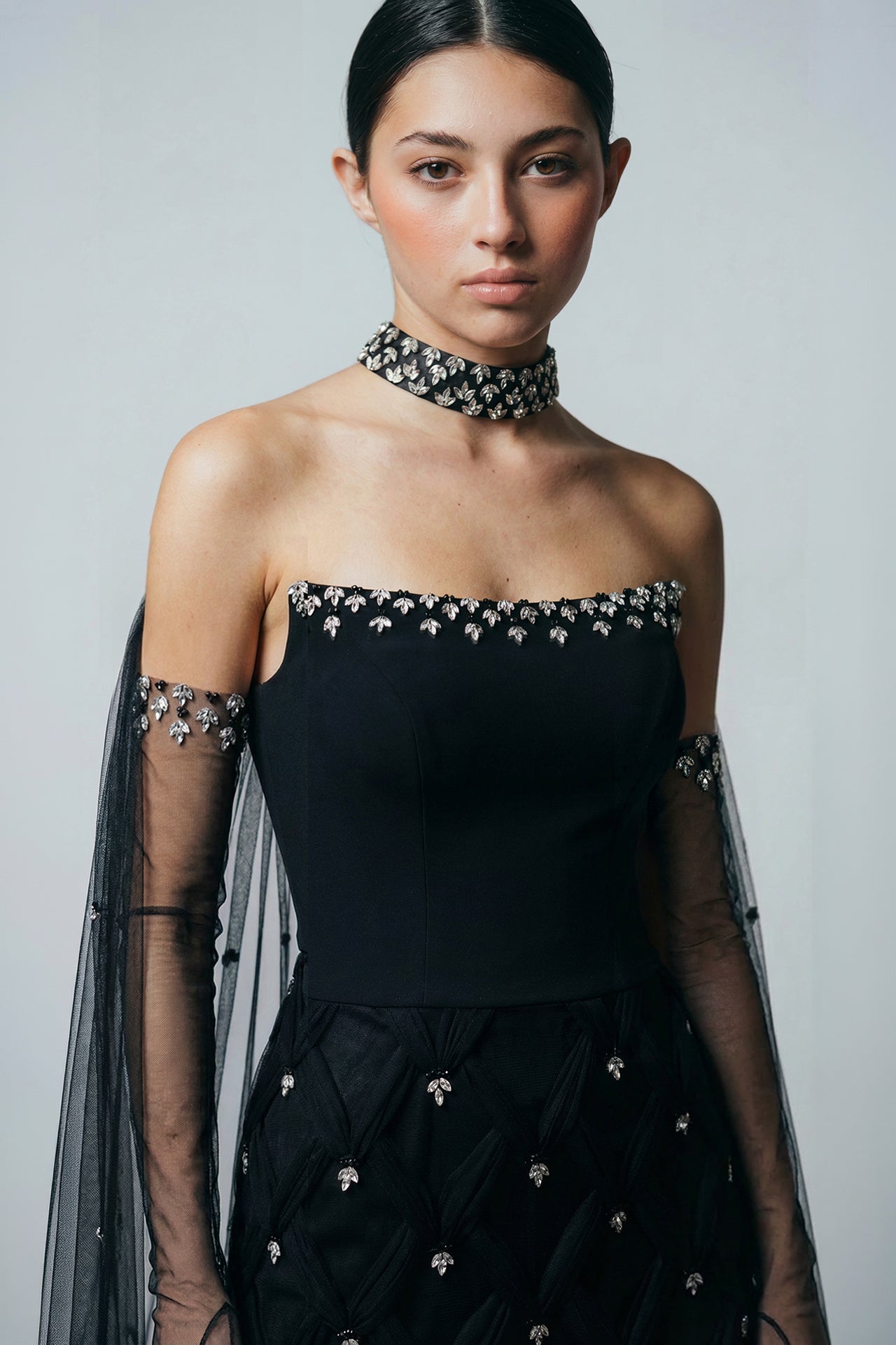 Geometric Swarovski Embroidered Column Gown