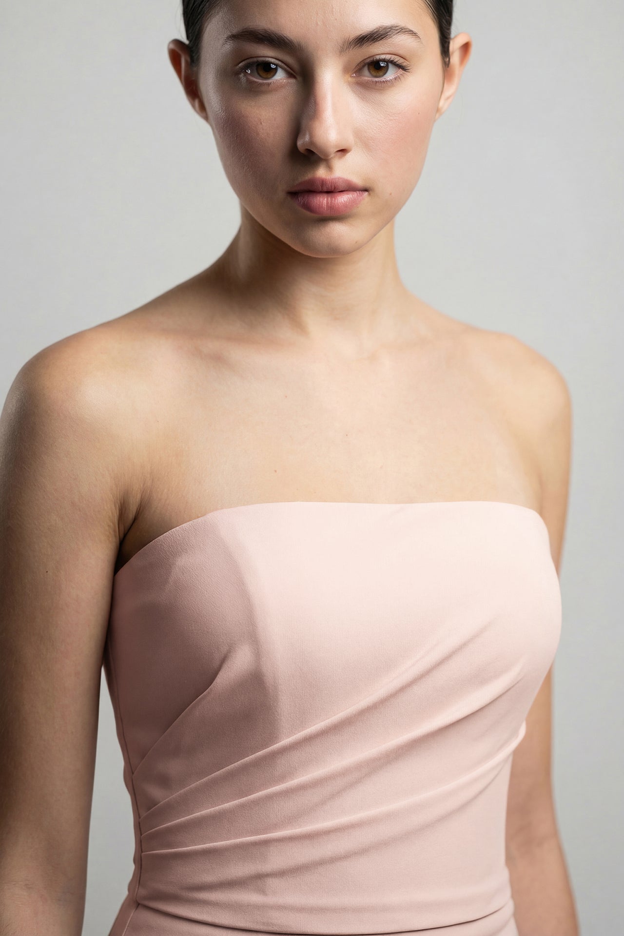 Strapless Draped Gown with Floral Capelet