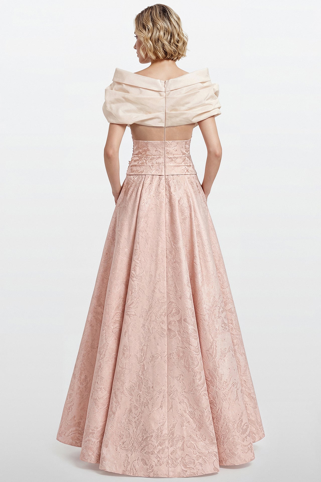 Draped Taffeta Bodice Gown with Jacquard Skirt