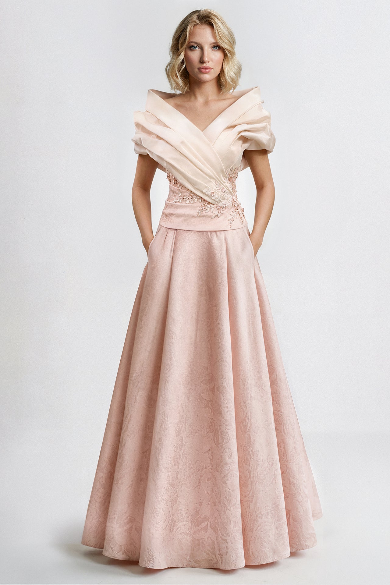 Draped Taffeta Bodice Gown with Jacquard Skirt