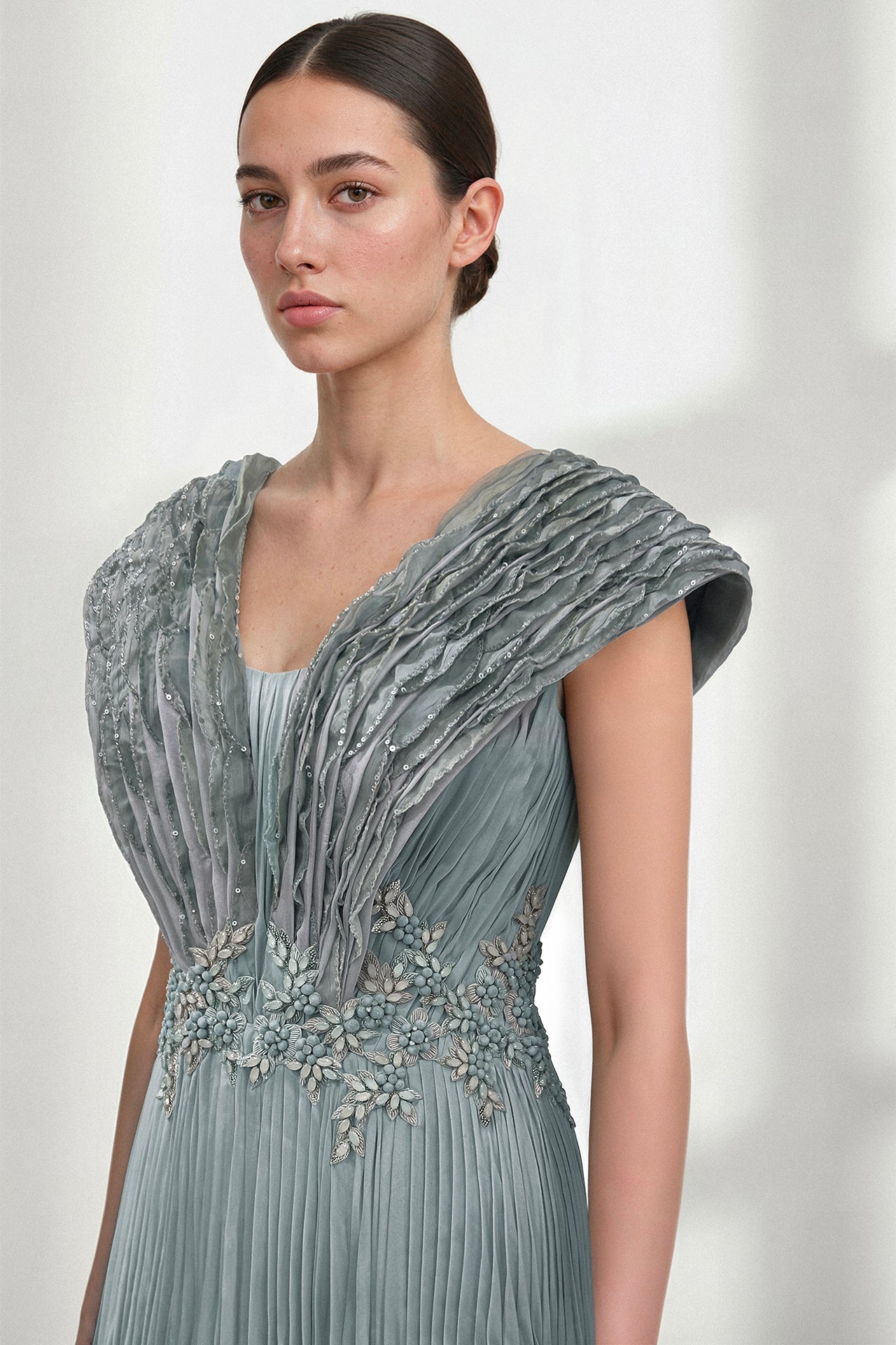 Pleated Chiffon Embroidered Waist Gown