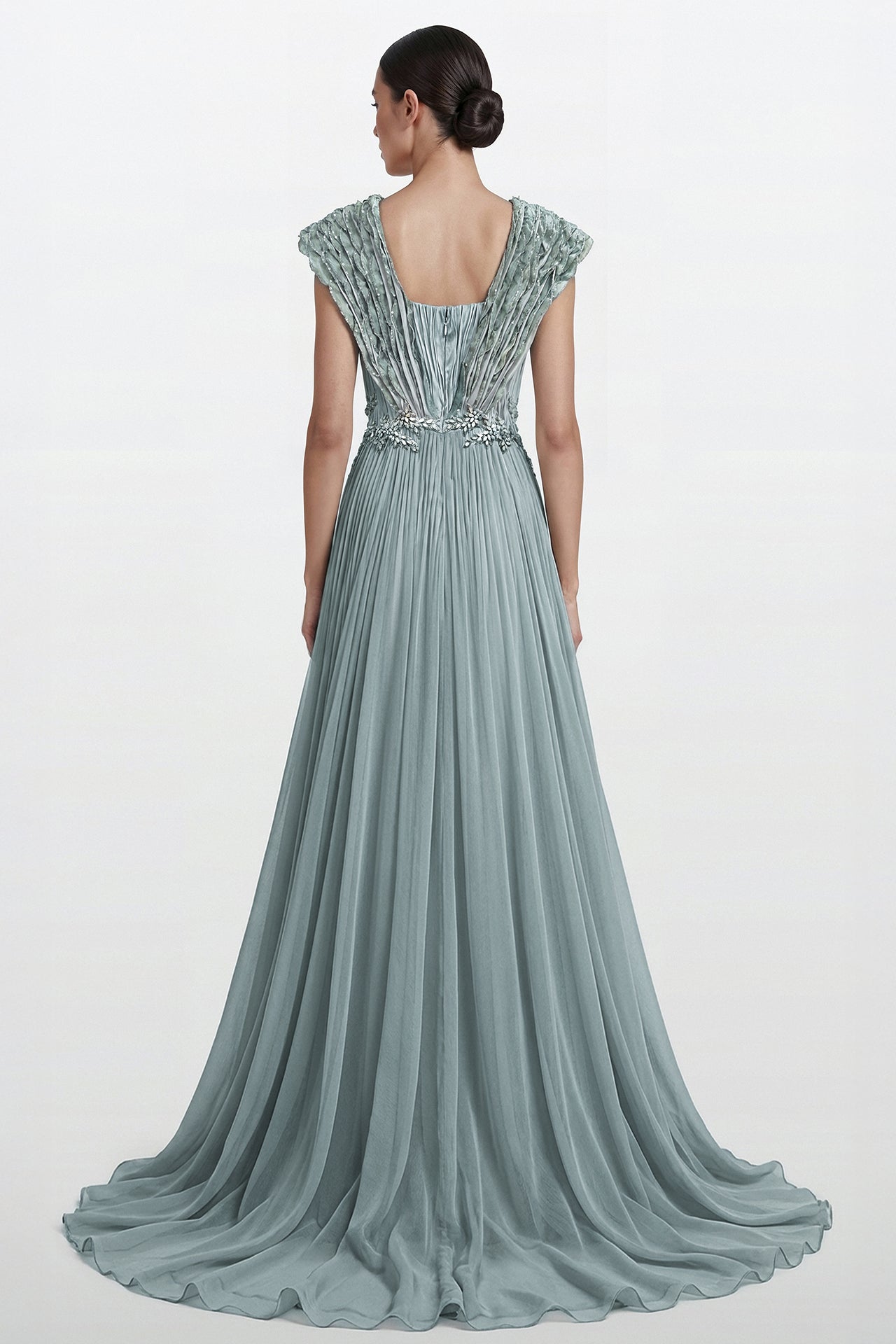 Pleated Chiffon Embroidered Waist Gown