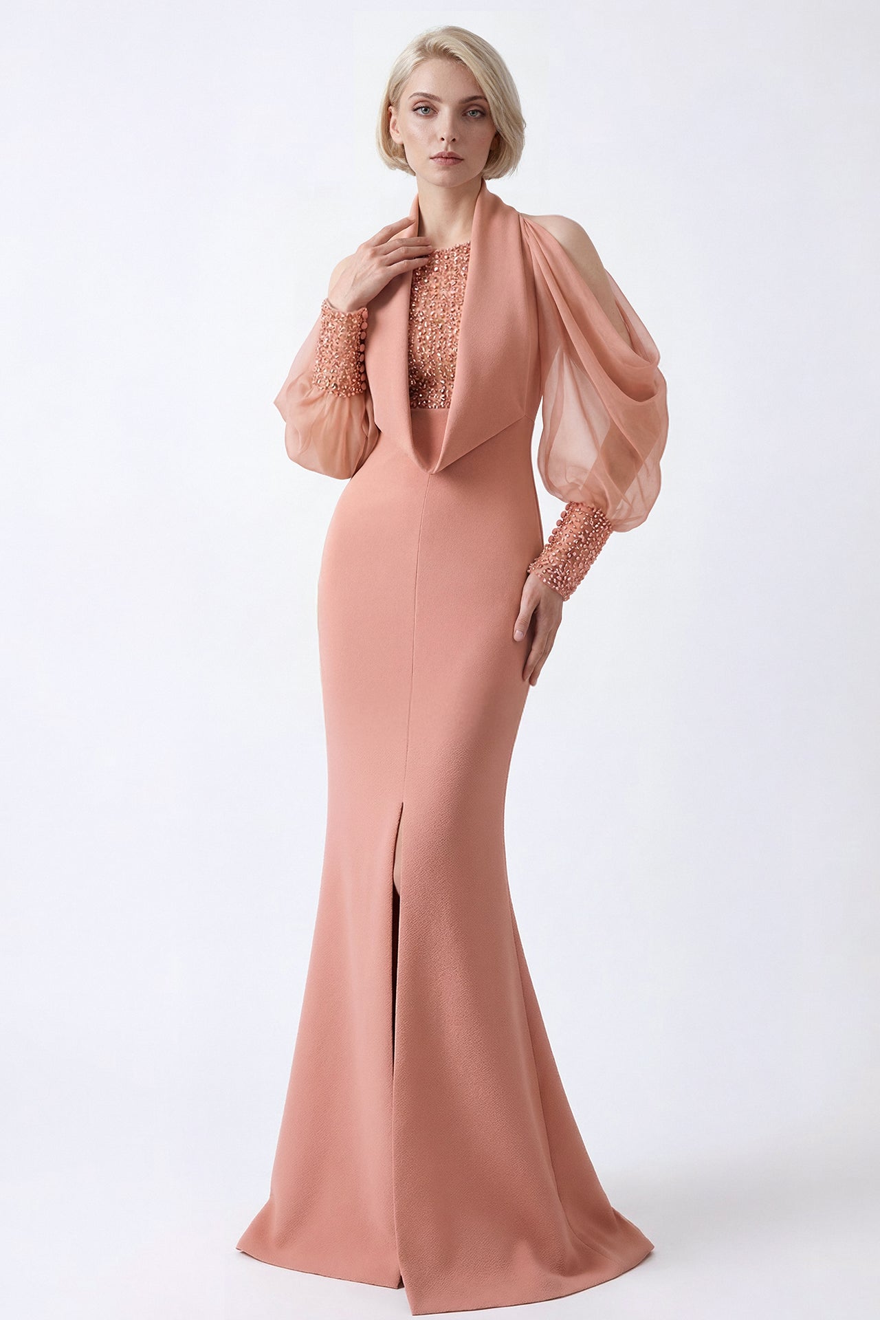 Draped Sleeve Embellished Bodice Gown