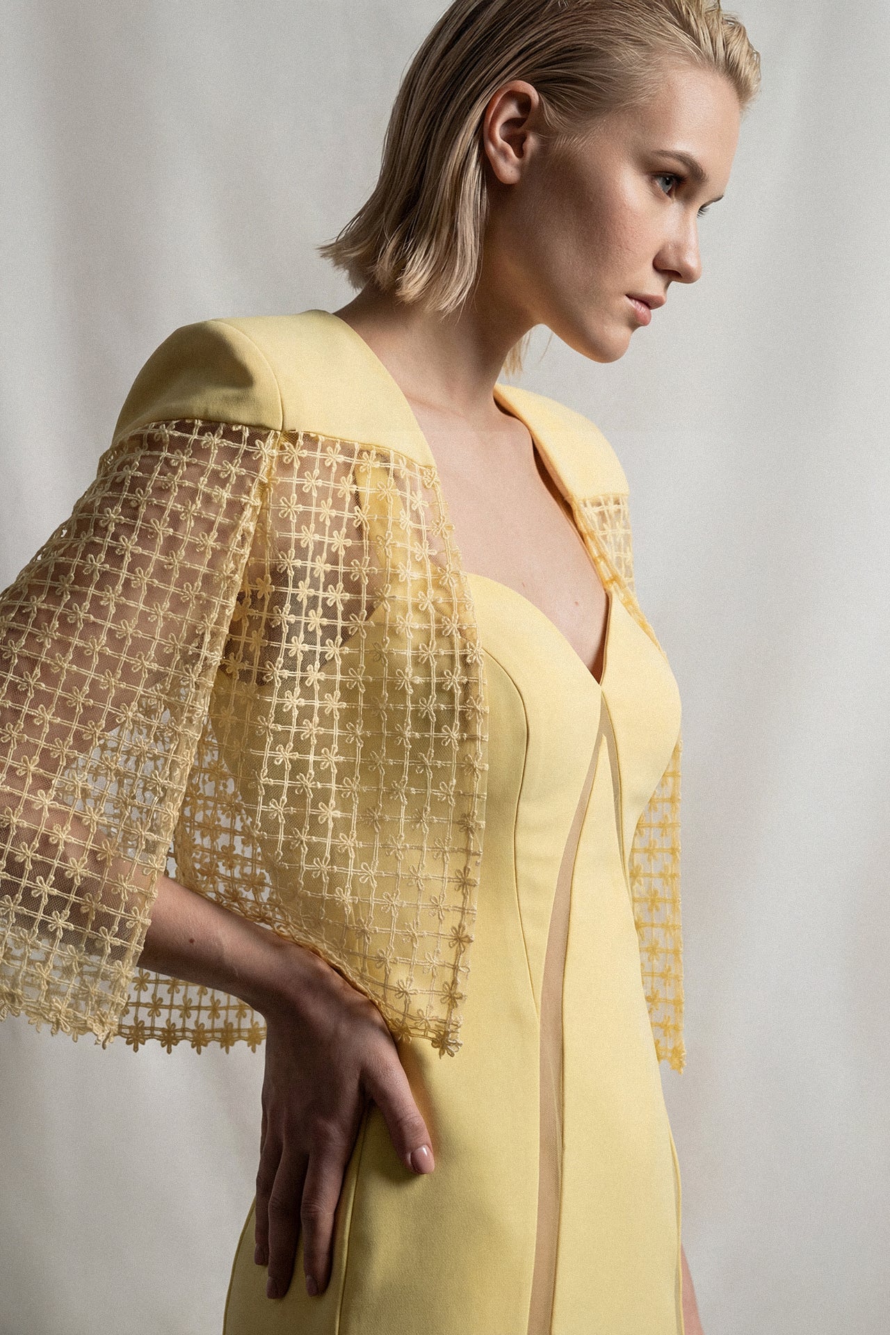 Crepe Gown with Guipure Lace Cape