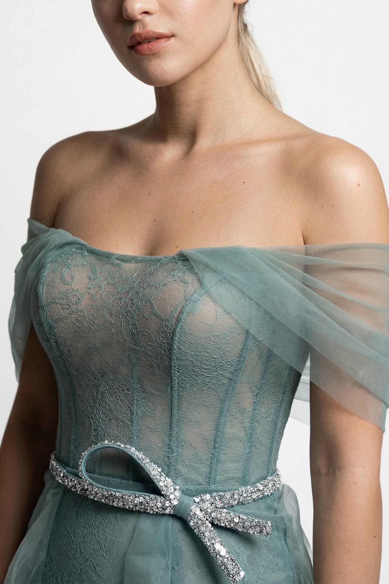 Lace Gown with Cascading Tulle Panels