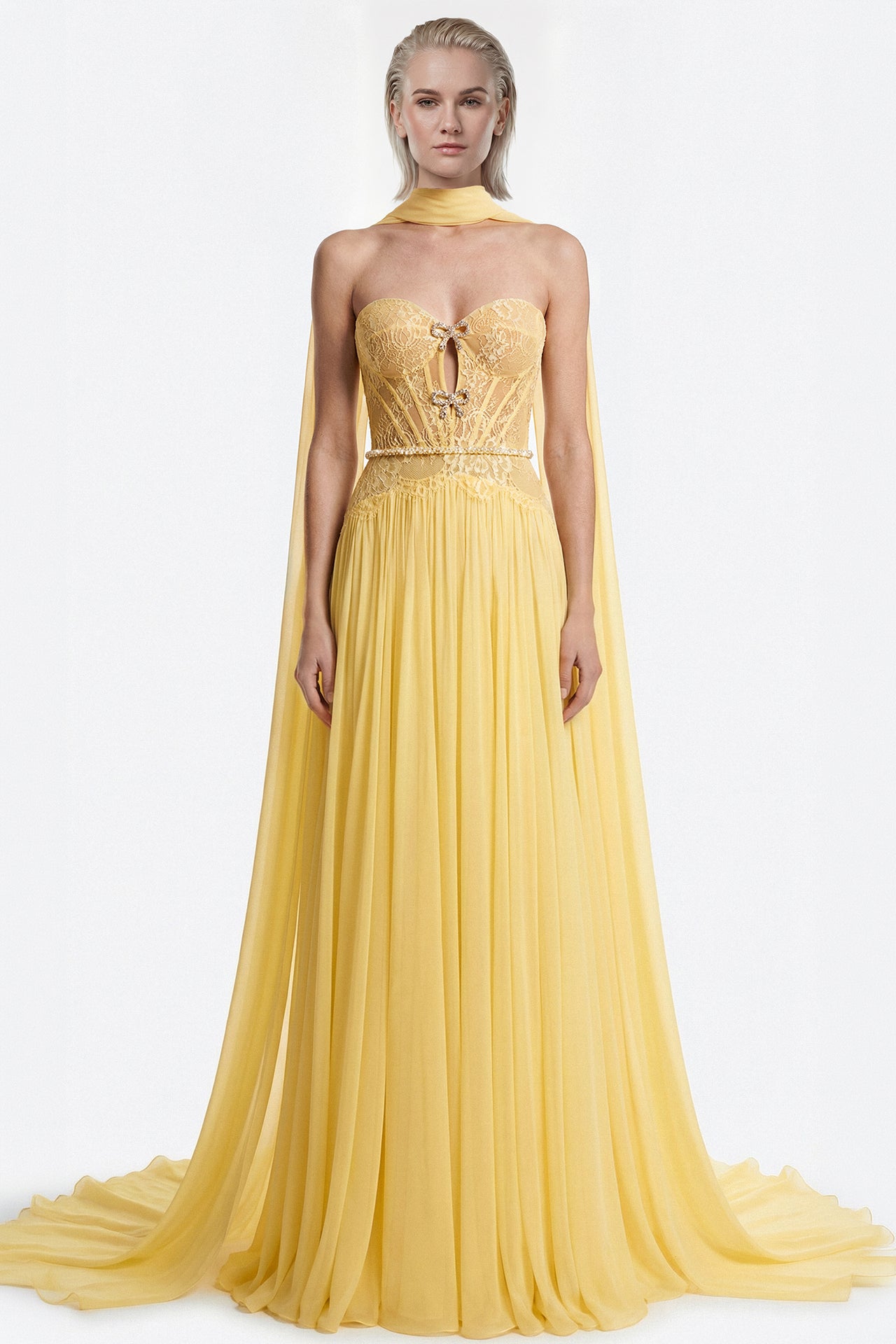 Lace Corset Gown with Chiffon Skirt Gattinolli by Marwan Lace Corset Gown with Chiffon Skirt Gattinolli by Marwan
