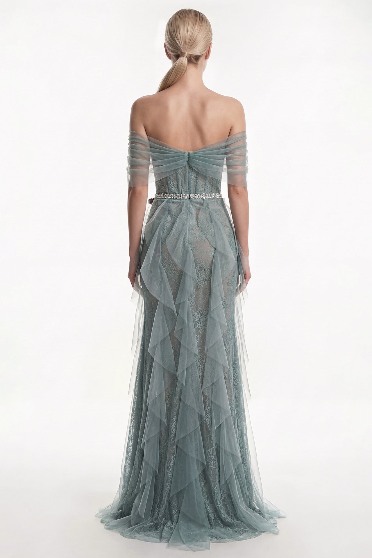 Lace Gown with Cascading Tulle Panels