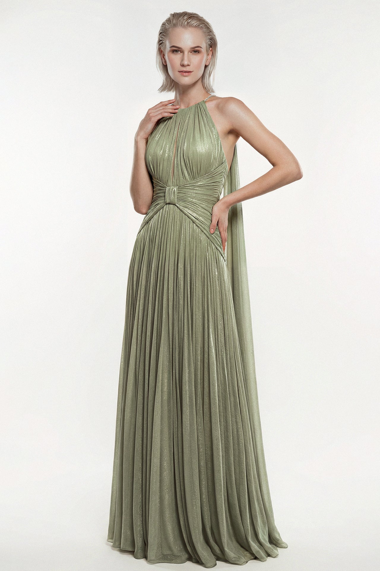 Laminated Pleated Chiffon Gown