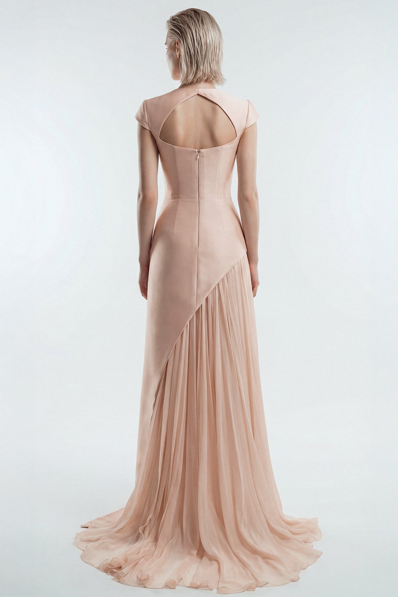 Embroidered Mikado Gown with Pleated Chiffon Skirt
