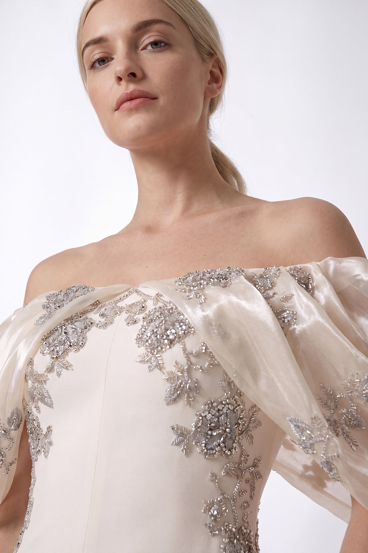 Draped Organza Off-Shoulder Gown