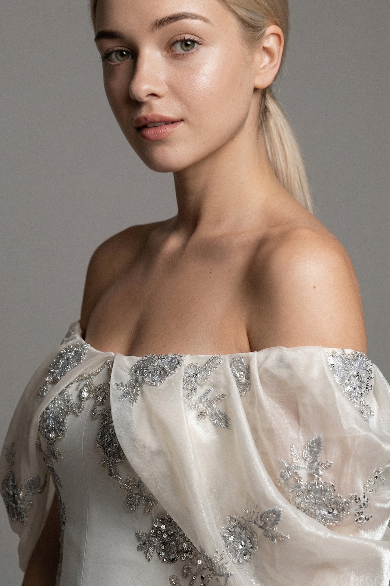 Draped Organza Off-Shoulder Gown