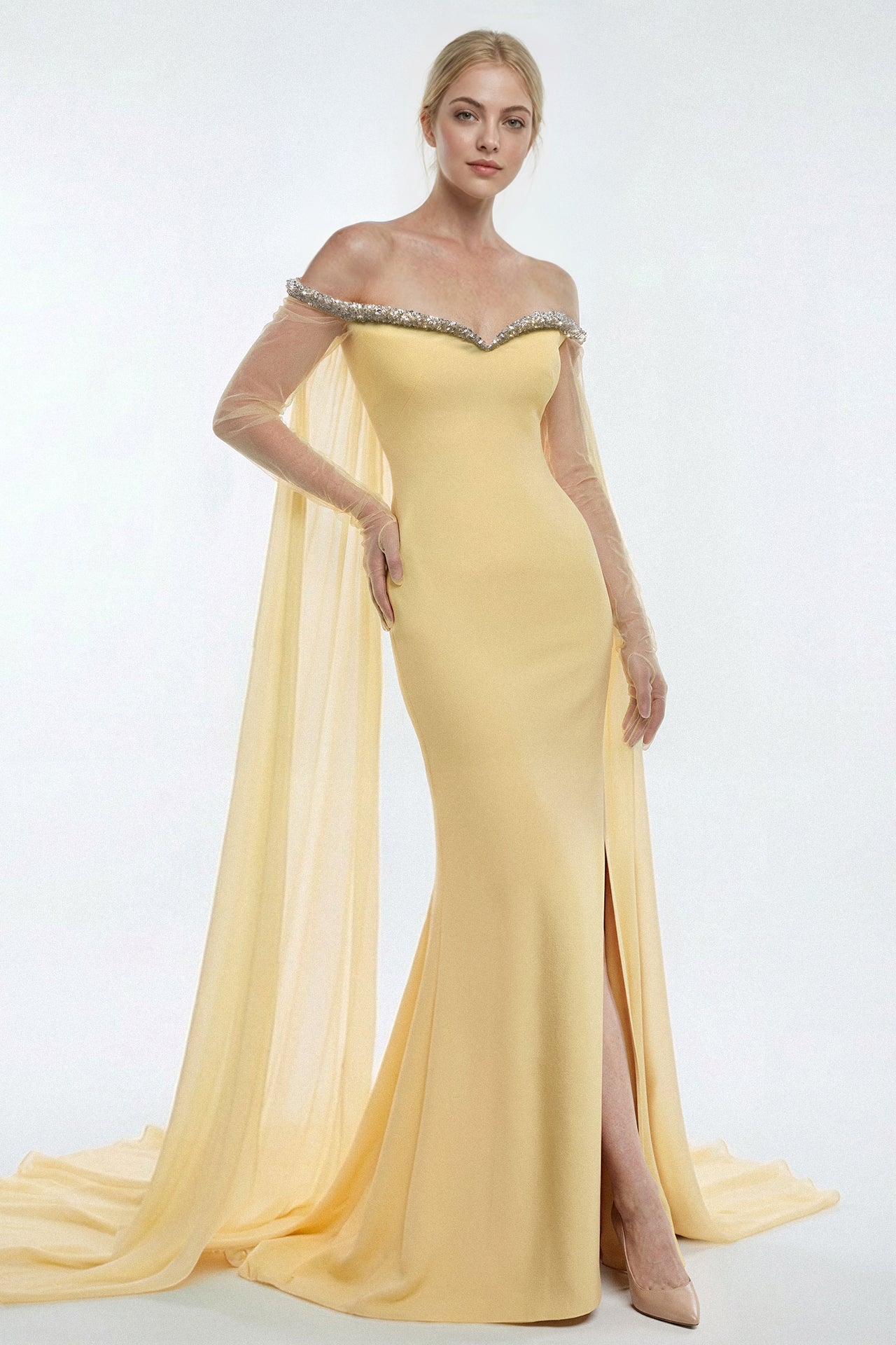 Crepe Gown with Chiffon Cape and Tulle Sleeves