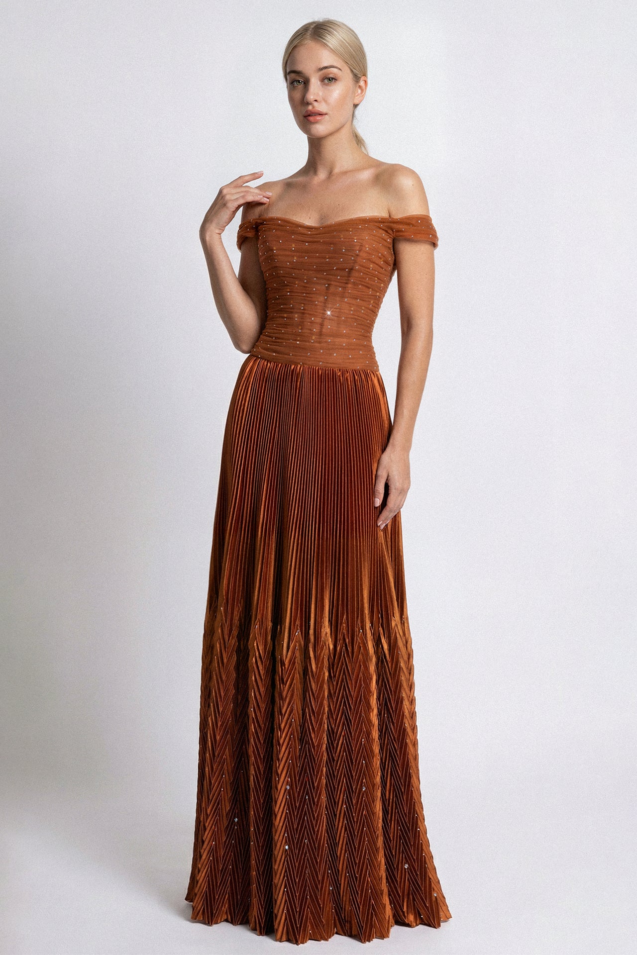 Off-Shoulder Draped Tulle and Pleated Lamé Gown