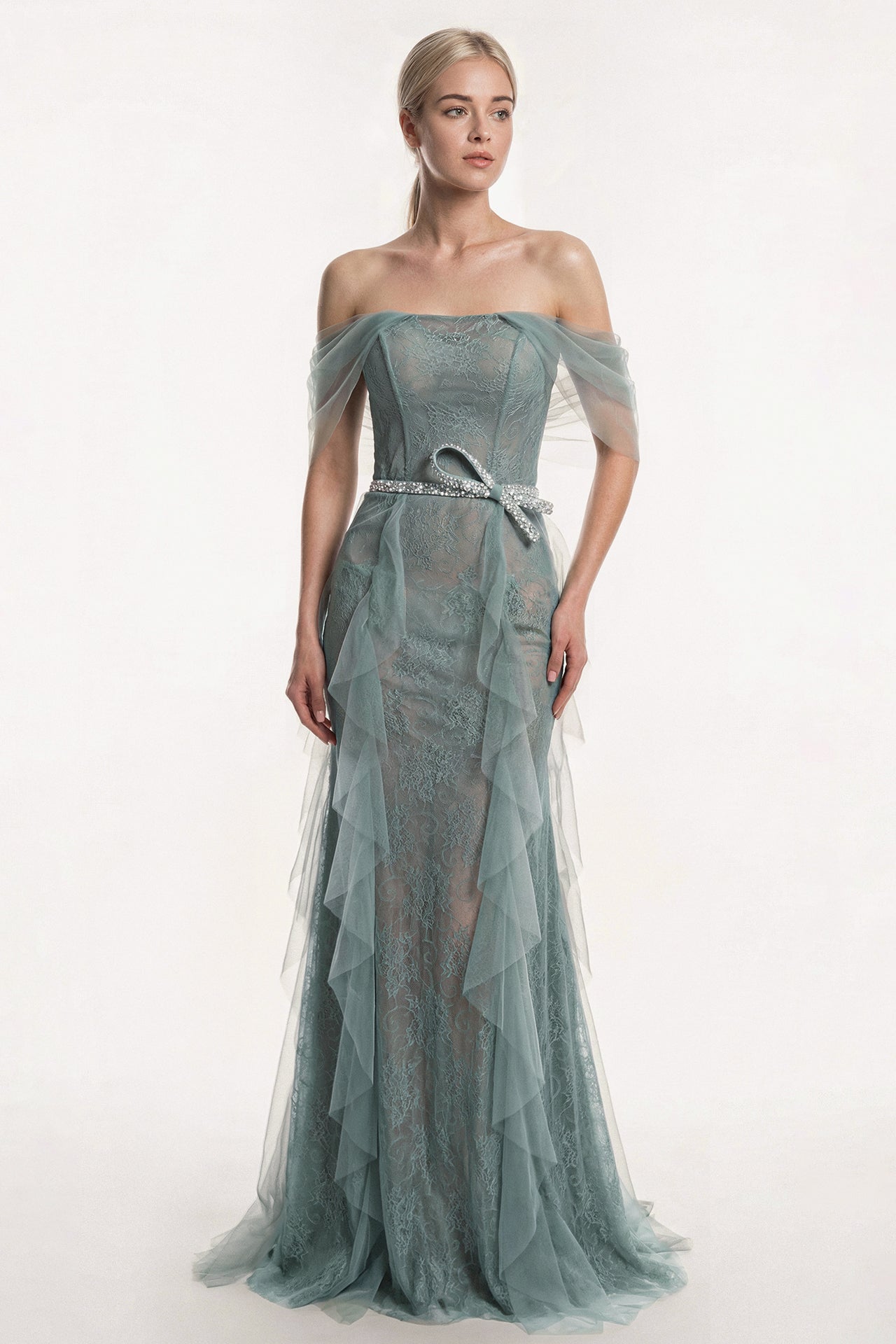 Lace Gown with Cascading Tulle Panels