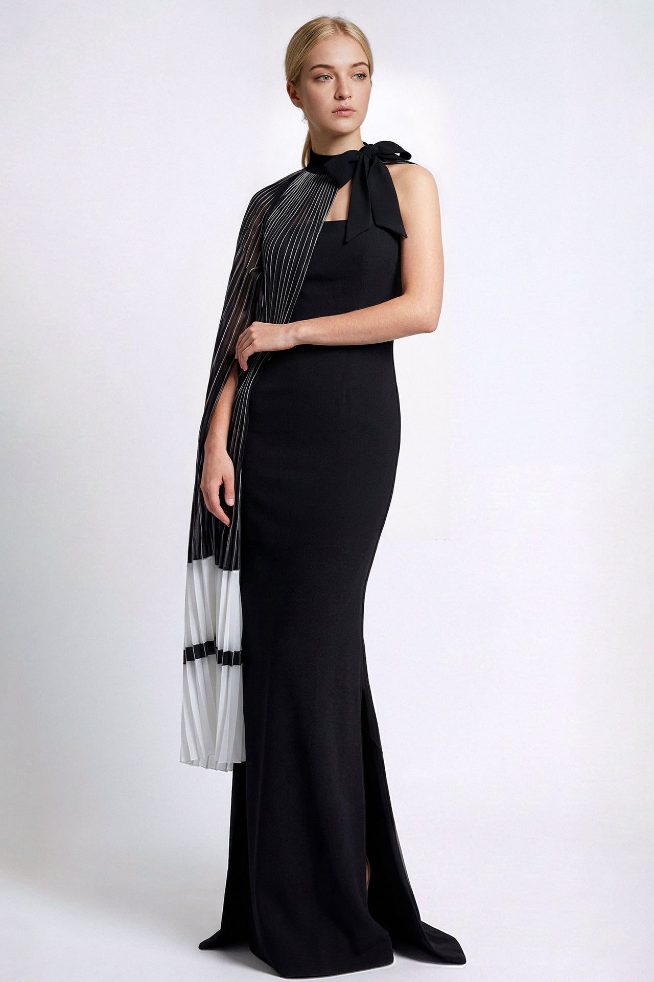 Strapless Gown with Pleated Metallic Cape