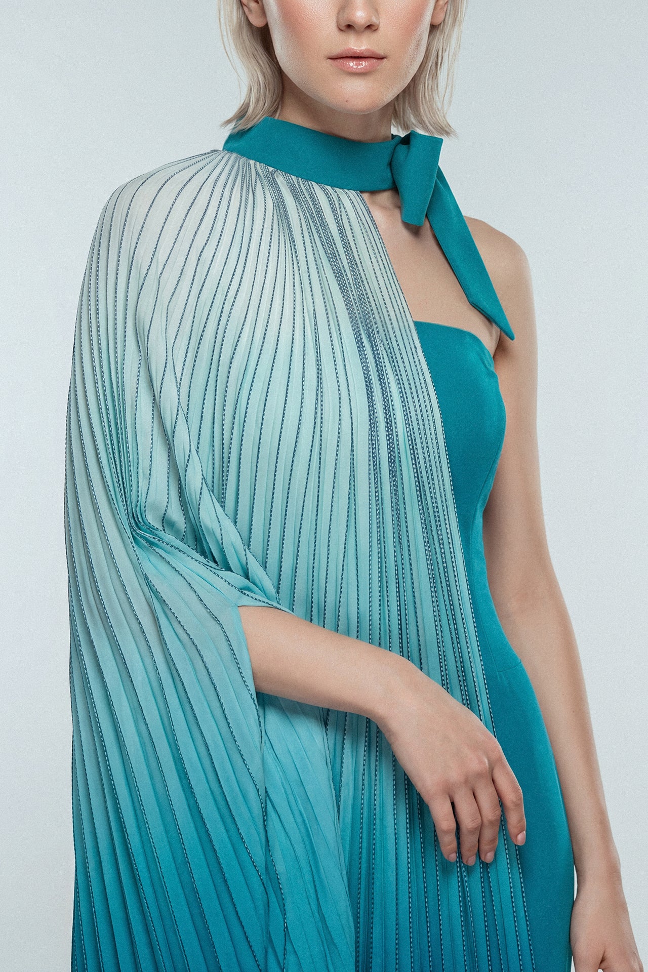 Strapless Gown with Pleated Metallic Cape