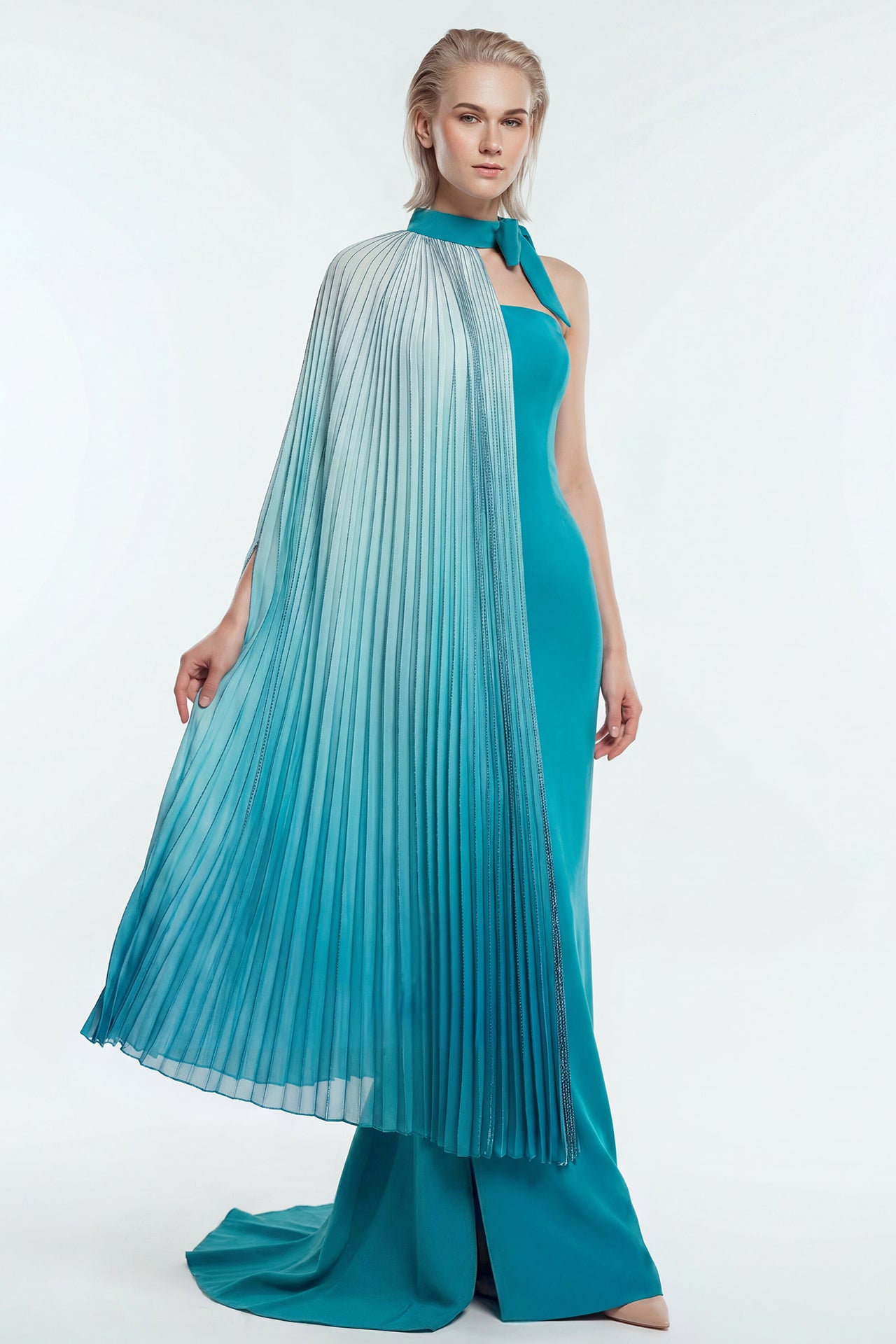 Strapless Gown with Pleated Metallic Cape