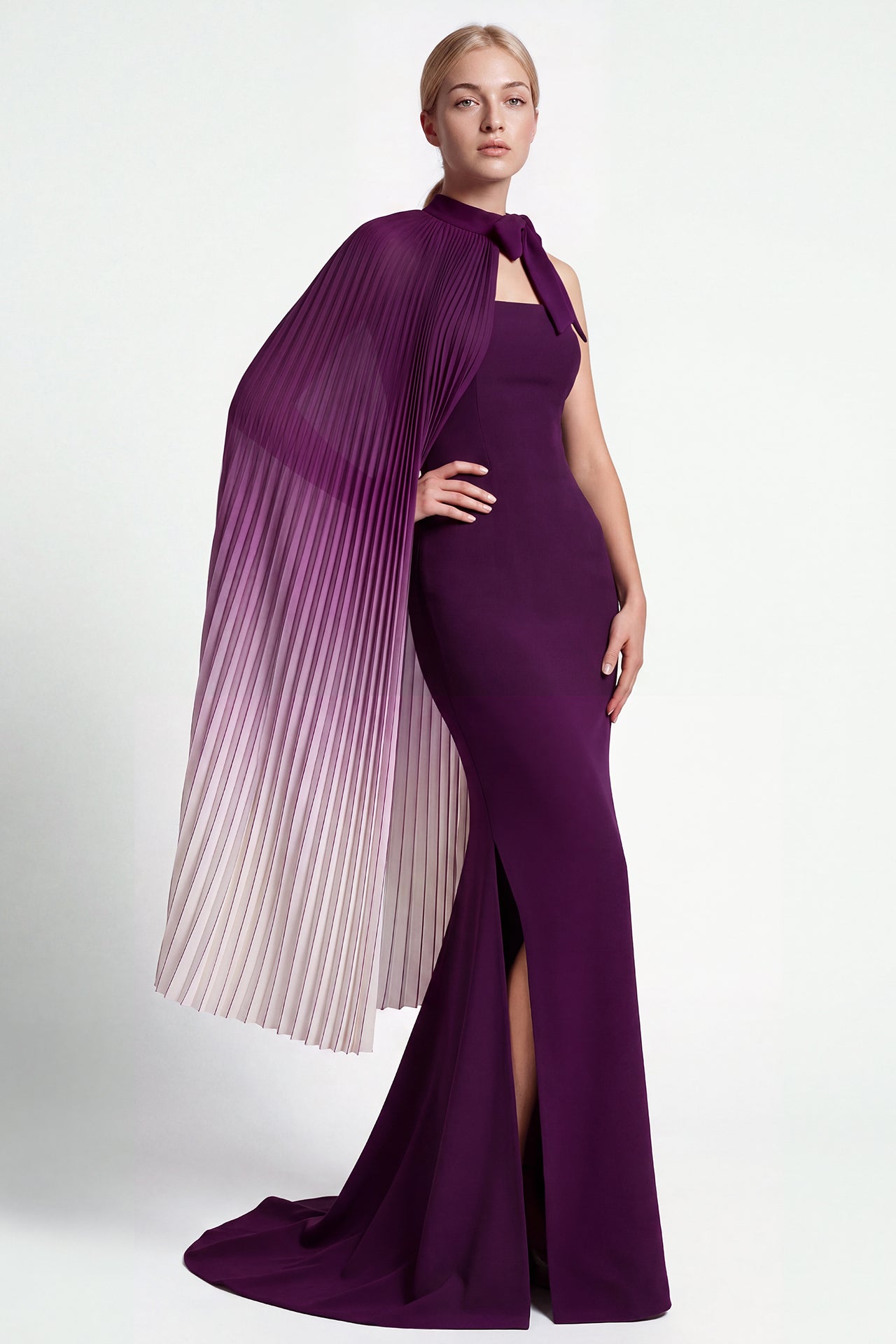 Strapless Gown with Pleated Metallic Cape