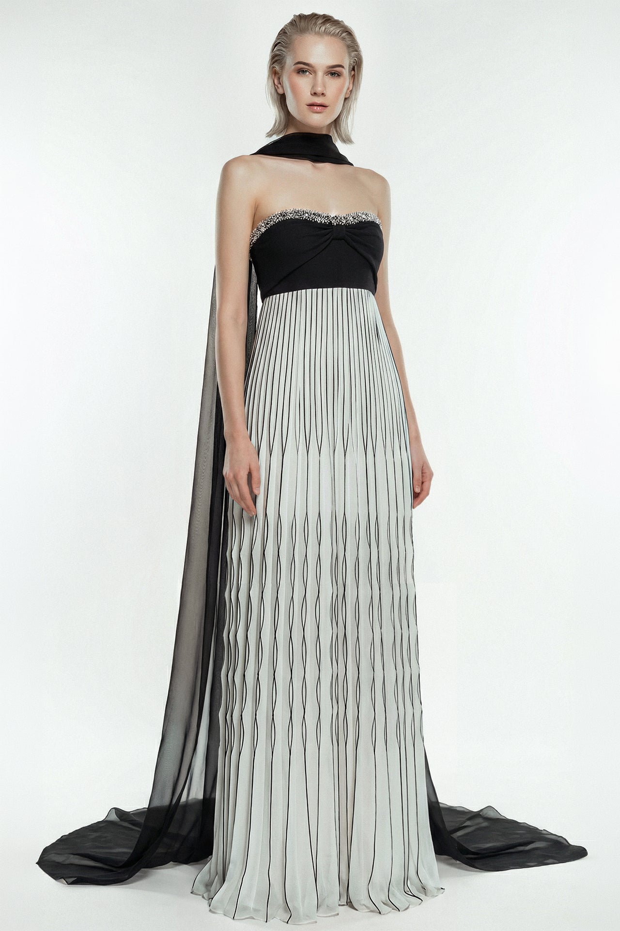 Pleated Gown with Tulle Cape