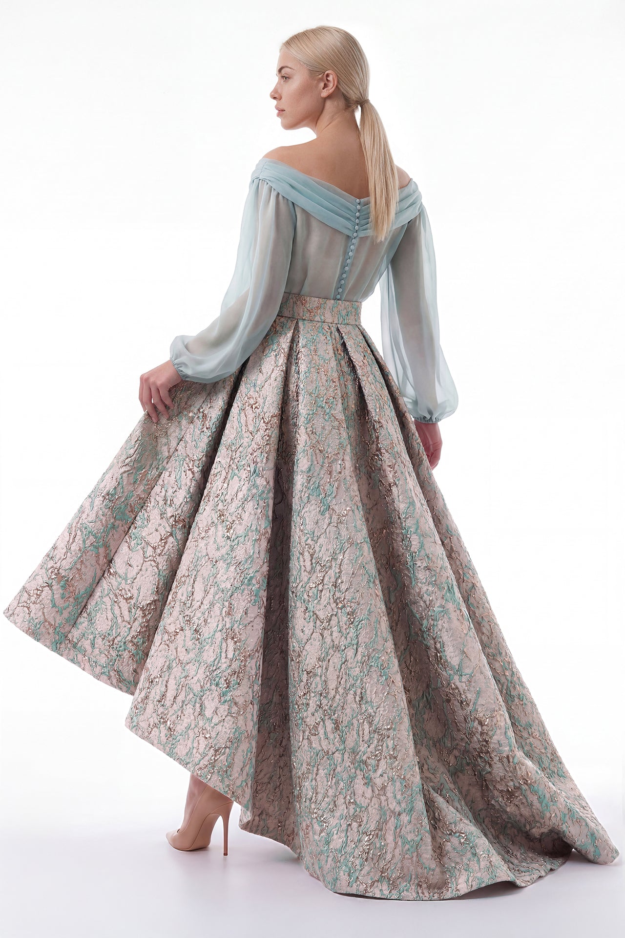 Off-Shoulder Chiffon Bodice with Structured Jacquard Skirt