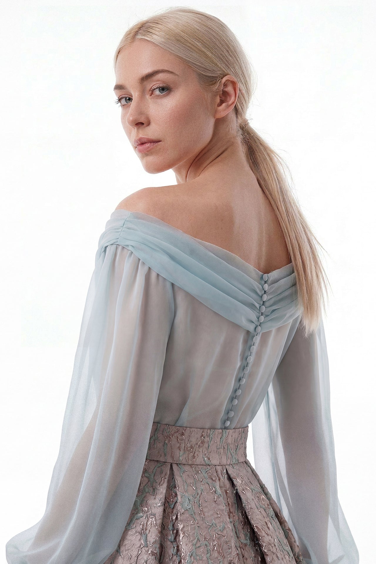 Off-Shoulder Chiffon Bodice with Structured Jacquard Skirt