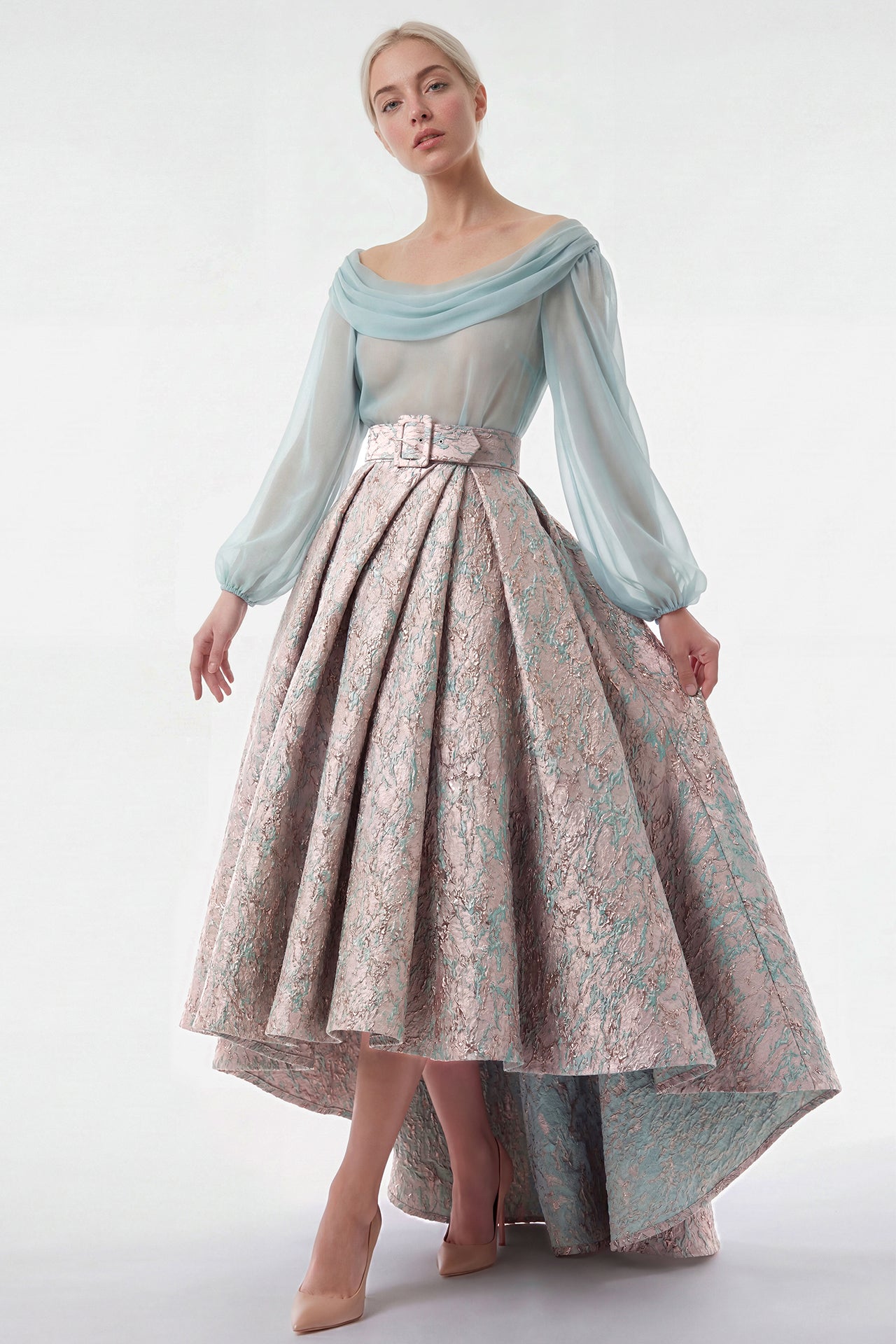 Off-Shoulder Chiffon Bodice with Structured Jacquard Skirt