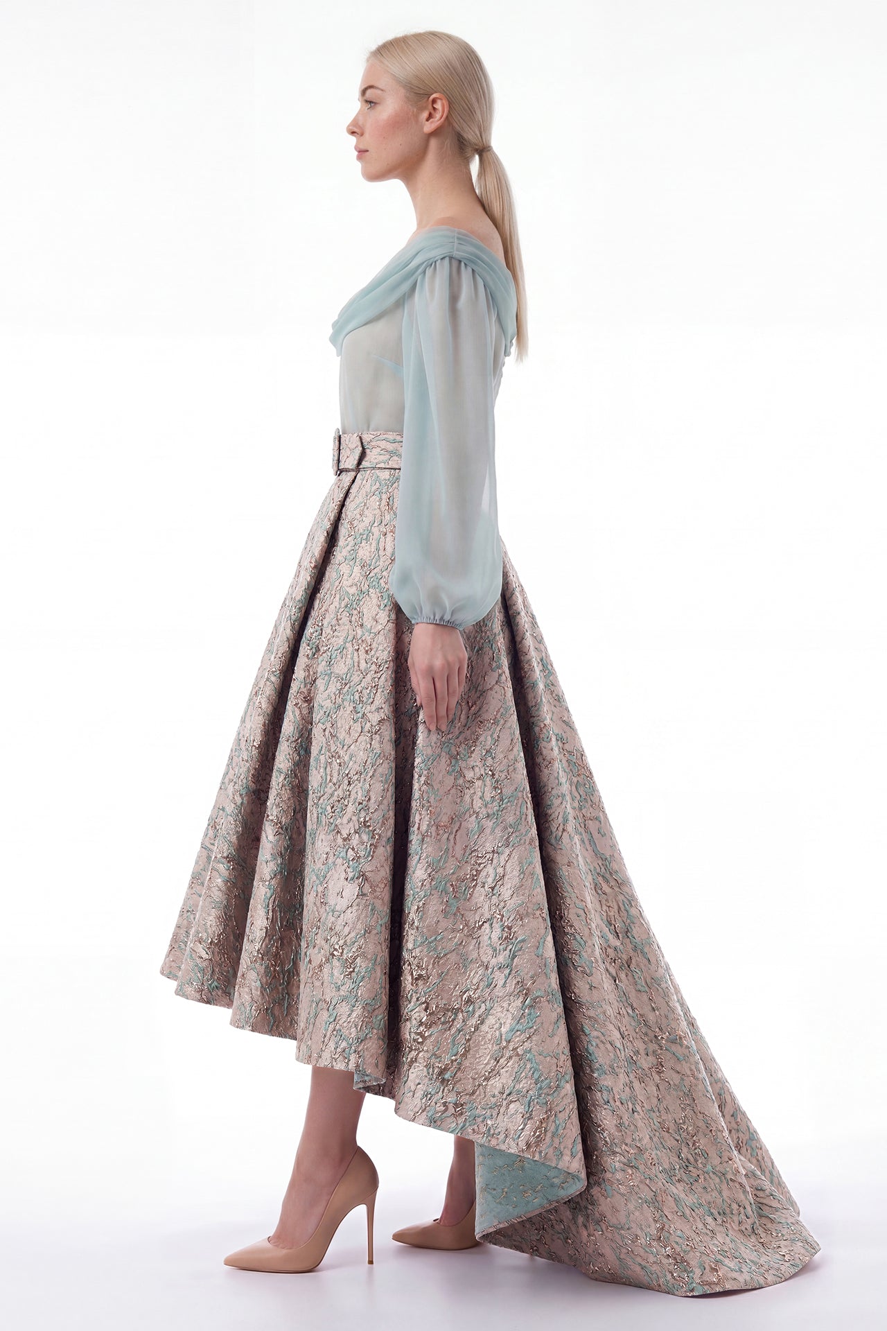 Off-Shoulder Chiffon Bodice with Structured Jacquard Skirt