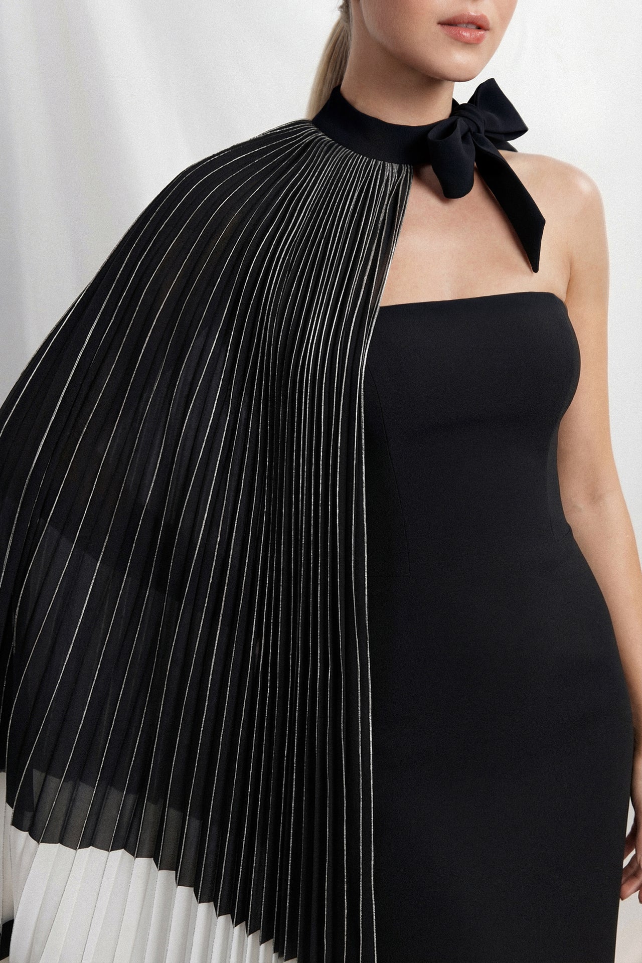Strapless Gown with Pleated Metallic Cape