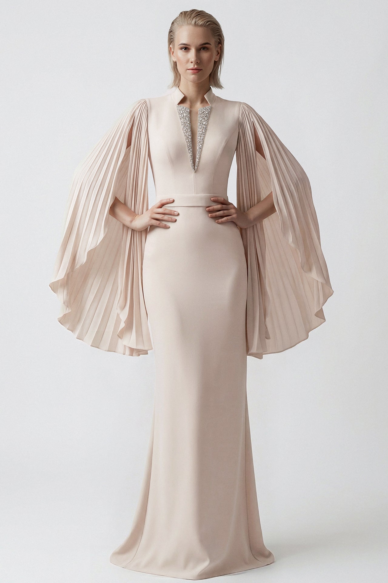 Pleated Sleeve Crepe Gown Gattinolli by Marwan Pleated Sleeve Crepe Gown Gattinolli by Marwan