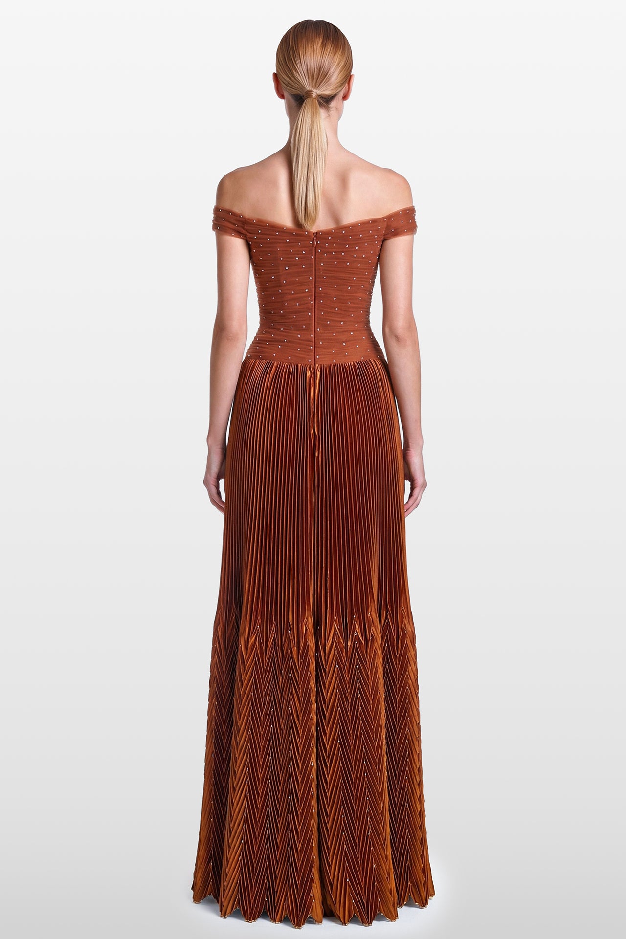Off-Shoulder Draped Tulle and Pleated Lamé Gown