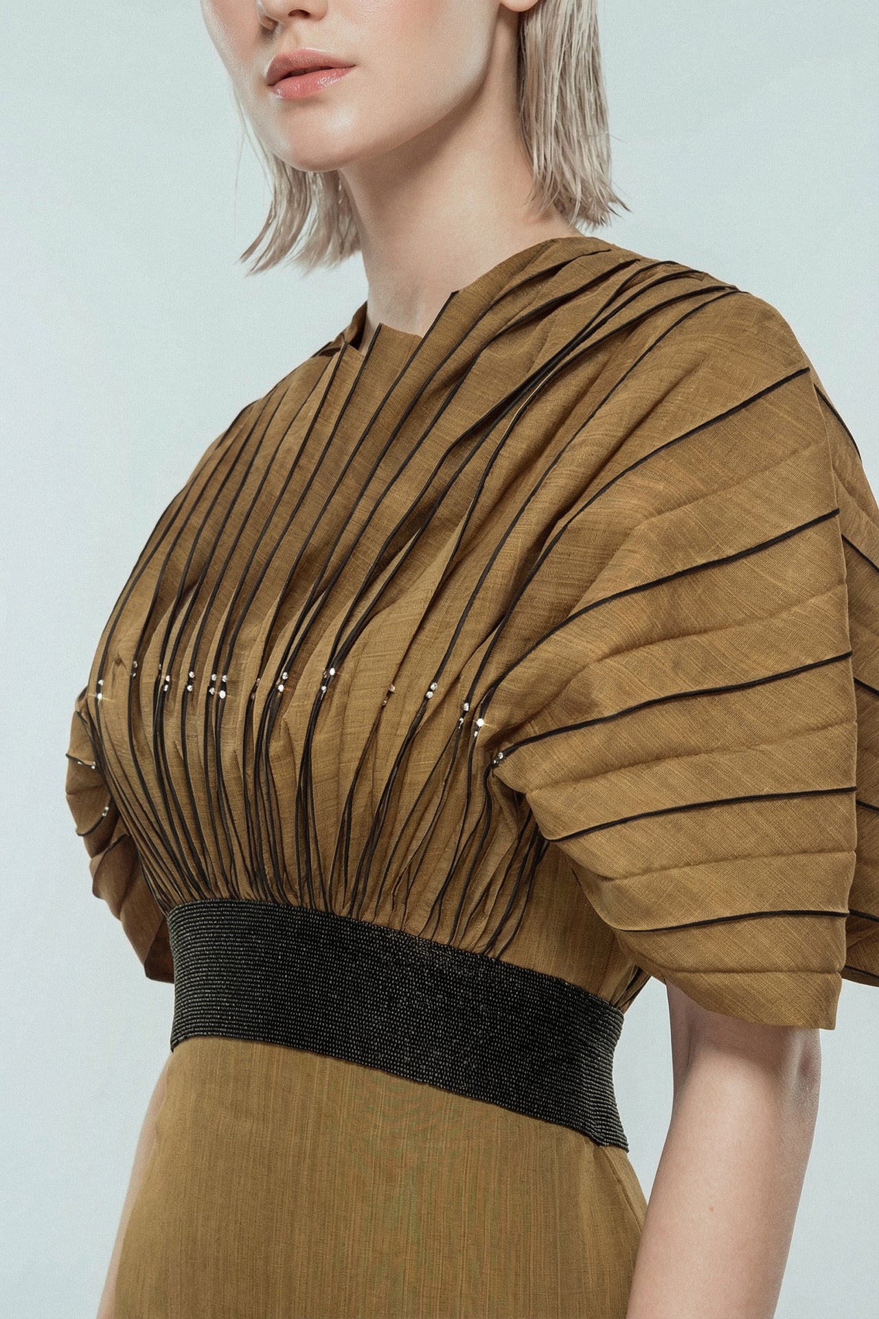 Pleated Shantung Gown with Sculpted Shoulders