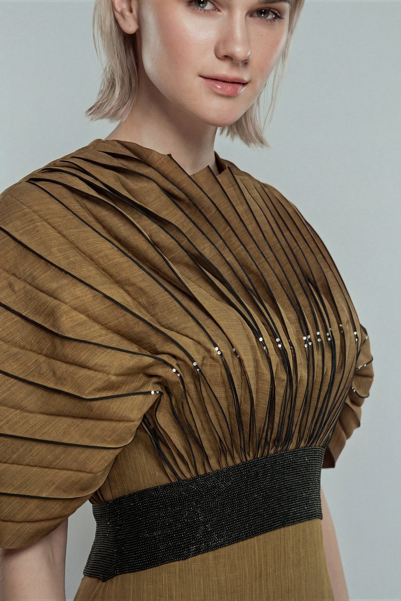 Pleated Shantung Gown with Sculpted Shoulders