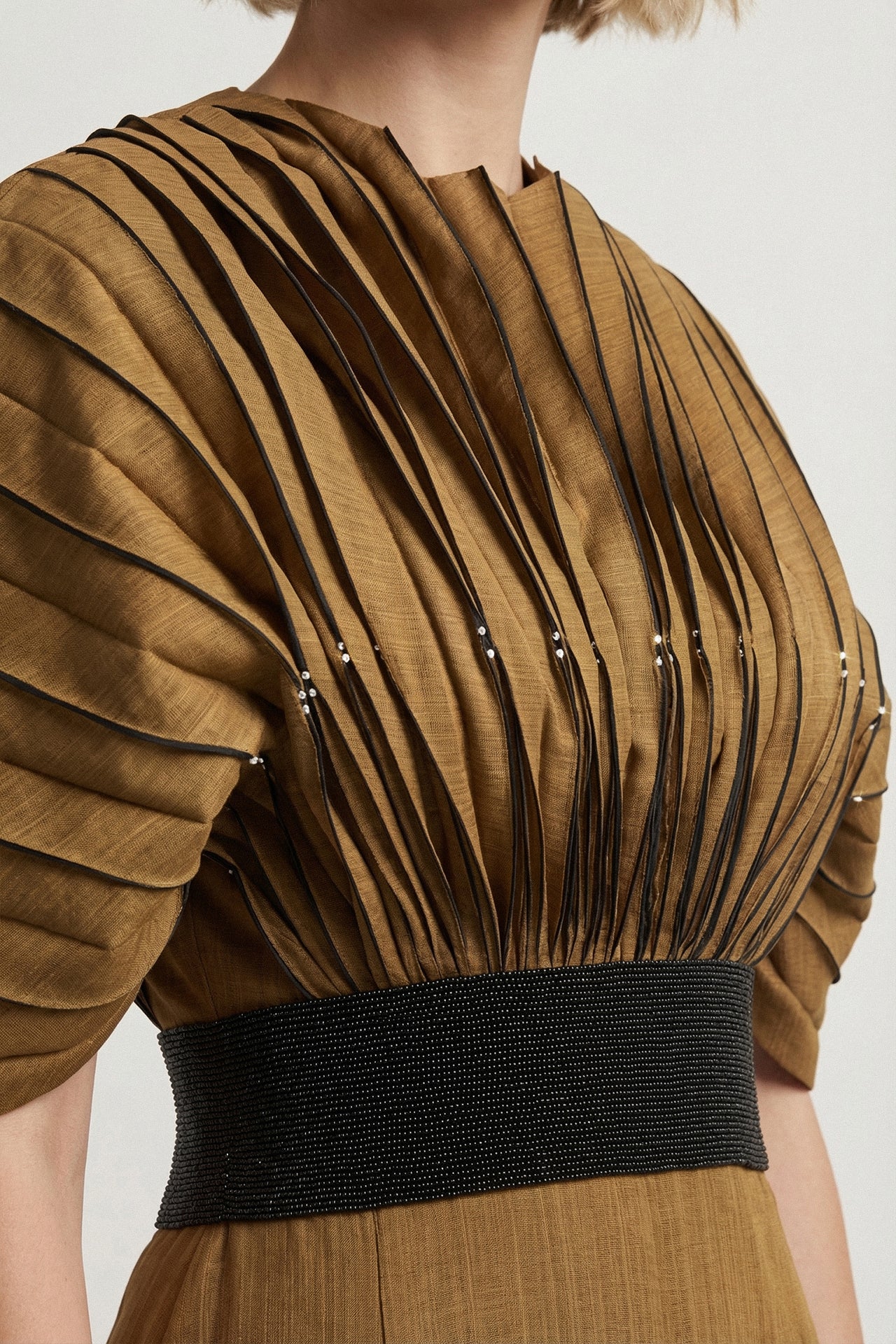 Pleated Shantung Gown with Sculpted Shoulders