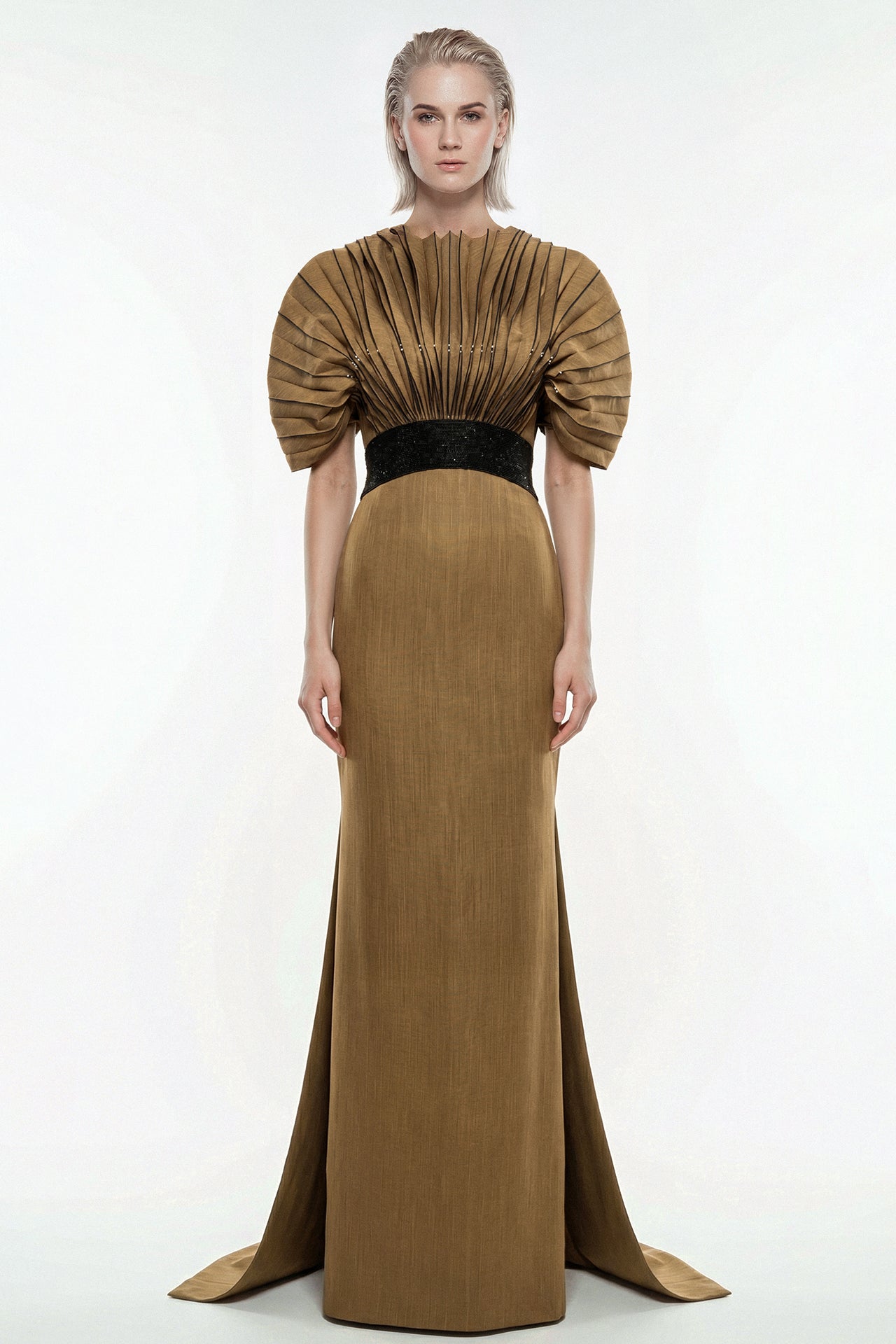 Pleated Shantung Gown with Sculpted Shoulders