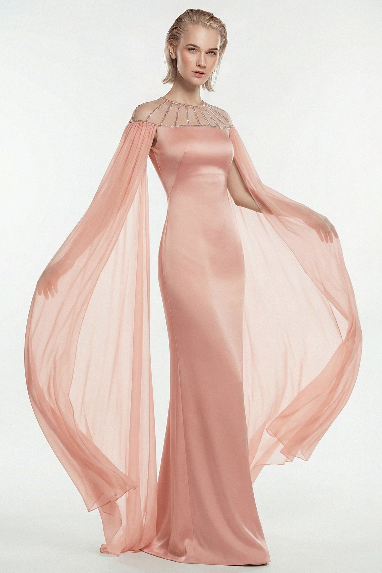 Satin Gown with Beaded Illusion Neckline and Chiffon Cape Sleeves